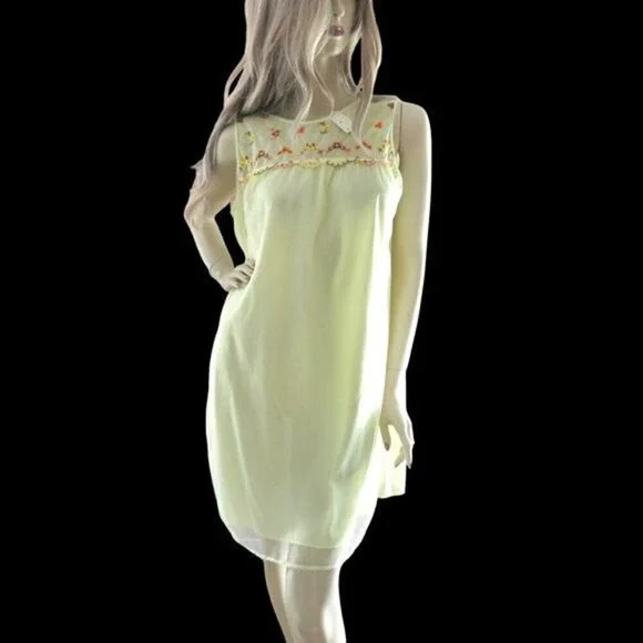 Vintage 70s Yellow Chiffon Nightie Sheer Floral Trim Deadstock Lingerie Size S - Picture 2 of 8